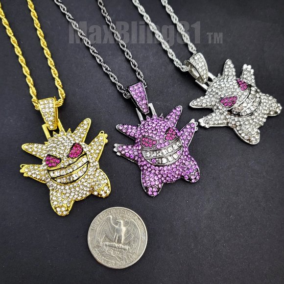 Hip Hop Iced Cubic Zirconia Bling Gengar Pendant & 3mm 24" Rope Chain Necklace - Picture 3 of 4
